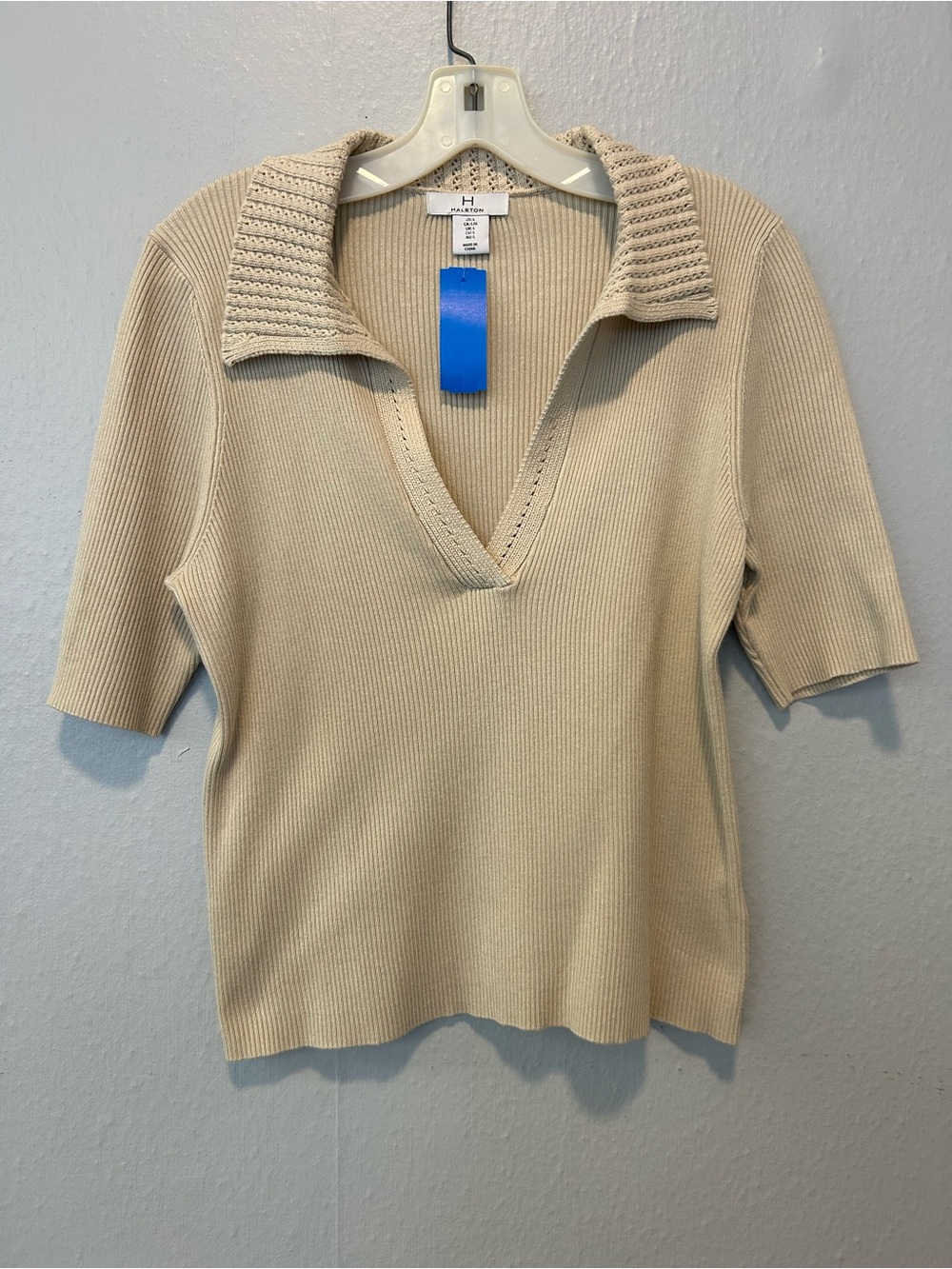 H by Halston Beige Knit Polo Sweater Top